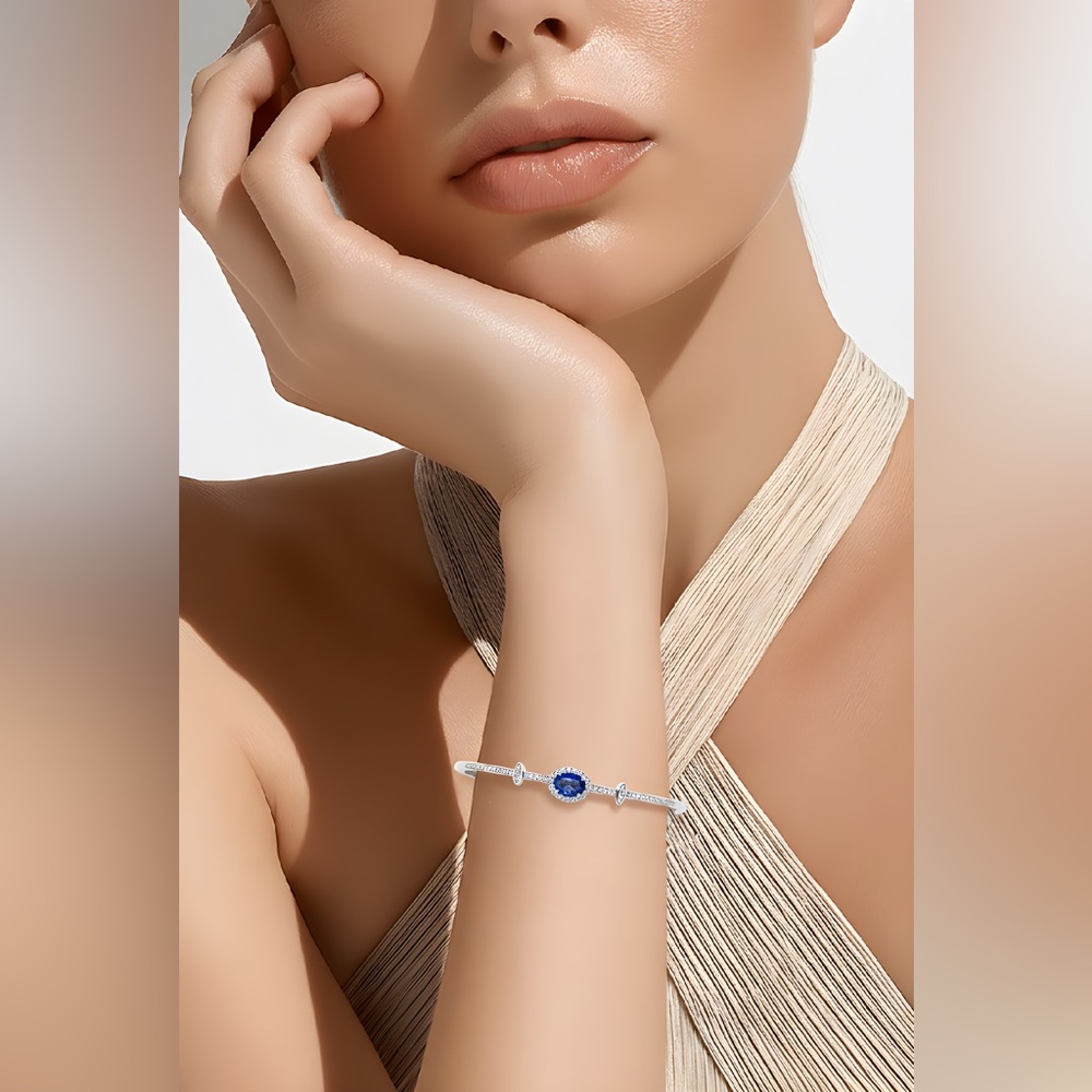 *NEW* Elegant 925 Sterling Silver Bangle Bracelet with Blue Gemstone